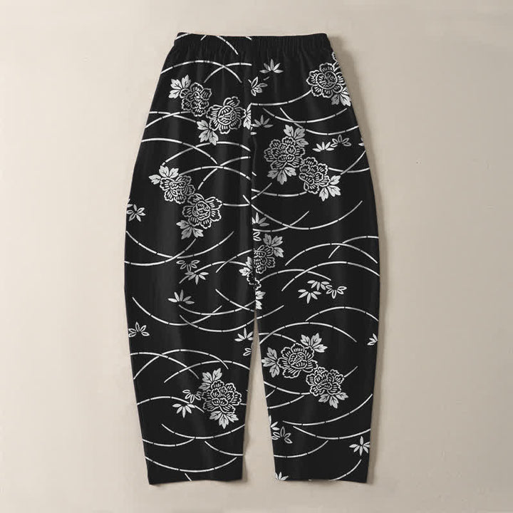 Buddha Stones Weiße Herrenhose aus reiner Baumwolle mit Blumenrankenmuster, Kordelzug, schmal zulaufendem Bein und Taschen - image 10