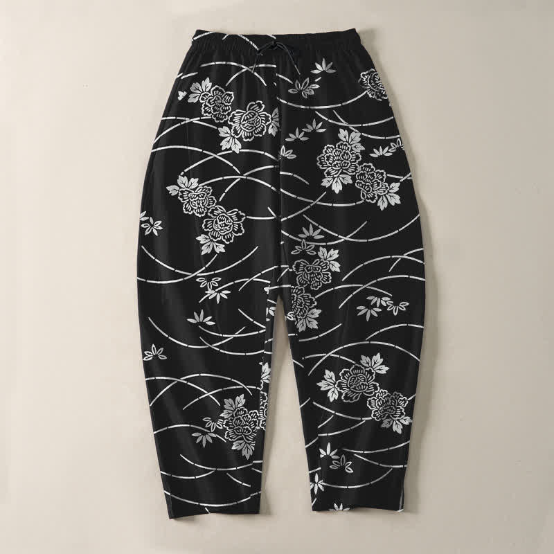 Buddha Stones Weiße Herrenhose aus reiner Baumwolle mit Blumenrankenmuster, Kordelzug, schmal zulaufendem Bein und Taschen - image 9