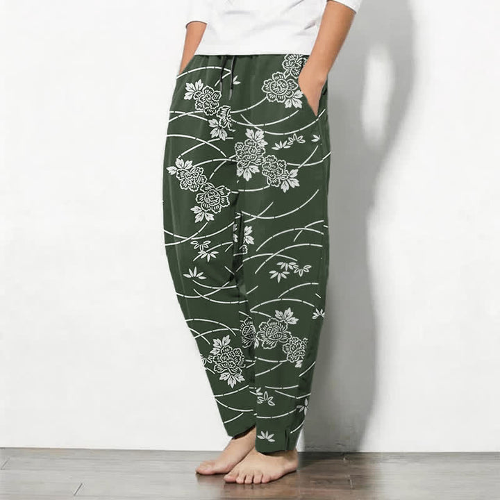 Buddha Stones Weiße Herrenhose aus reiner Baumwolle mit Blumenrankenmuster, Kordelzug, schmal zulaufendem Bein und Taschen - image 12