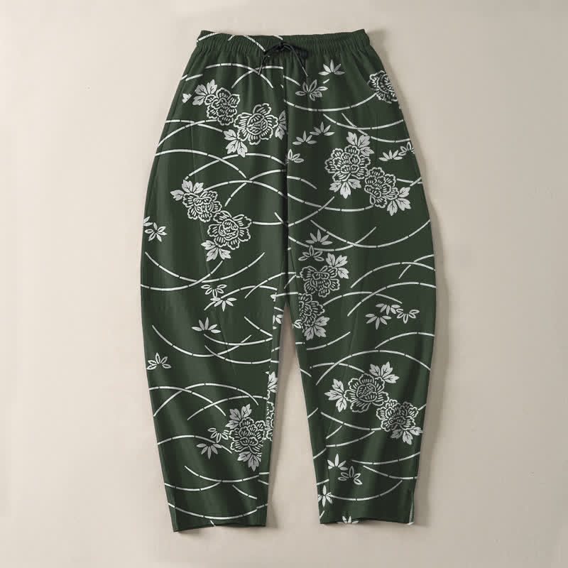 Buddha Stones Weiße Herrenhose aus reiner Baumwolle mit Blumenrankenmuster, Kordelzug, schmal zulaufendem Bein und Taschen - image 13