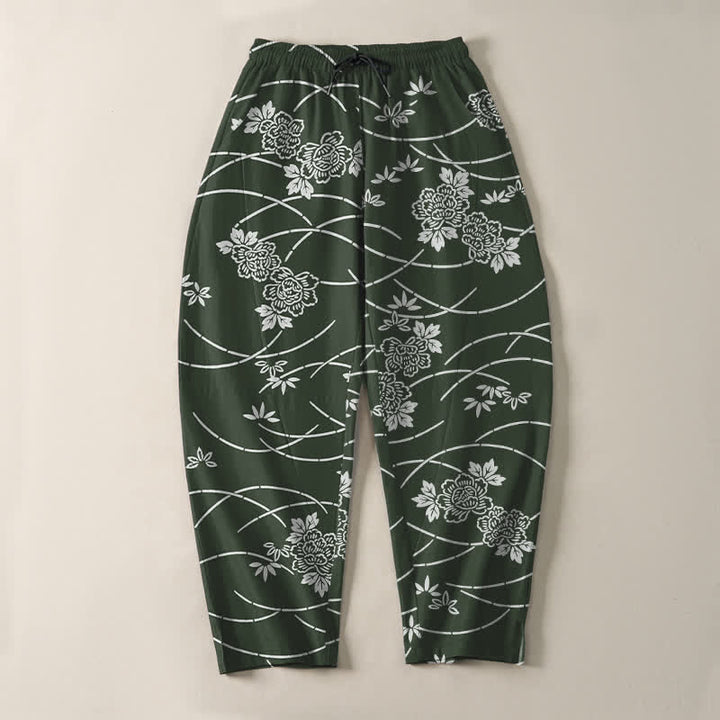 Buddha Stones Weiße Herrenhose aus reiner Baumwolle mit Blumenrankenmuster, Kordelzug, schmal zulaufendem Bein und Taschen - image 13