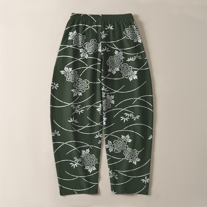 Buddha Stones Weiße Herrenhose aus reiner Baumwolle mit Blumenrankenmuster, Kordelzug, schmal zulaufendem Bein und Taschen - image 14