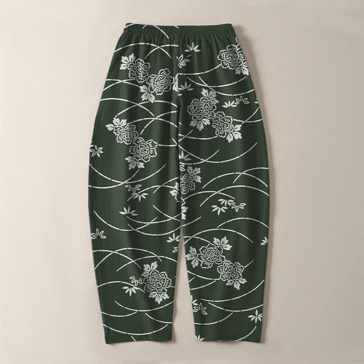 Buddha Stones Weiße Herrenhose aus reiner Baumwolle mit Blumenrankenmuster, Kordelzug, schmal zulaufendem Bein und Taschen - image 14