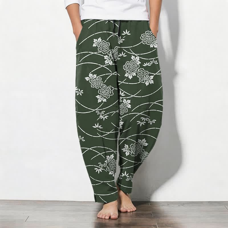 Buddha Stones Weiße Herrenhose aus reiner Baumwolle mit Blumenrankenmuster, Kordelzug, schmal zulaufendem Bein und Taschen - Waldgrün - US/ UK/AU50, EU60 (5XL) - image 11