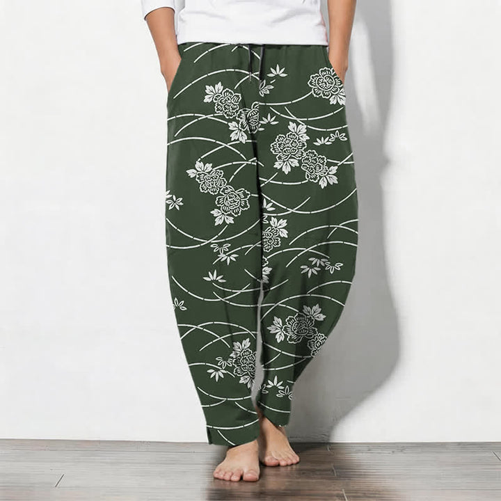 Buddha Stones Weiße Herrenhose aus reiner Baumwolle mit Blumenrankenmuster, Kordelzug, schmal zulaufendem Bein und Taschen - Waldgrün - US/ UK/AU50, EU60 (5XL) - image 11