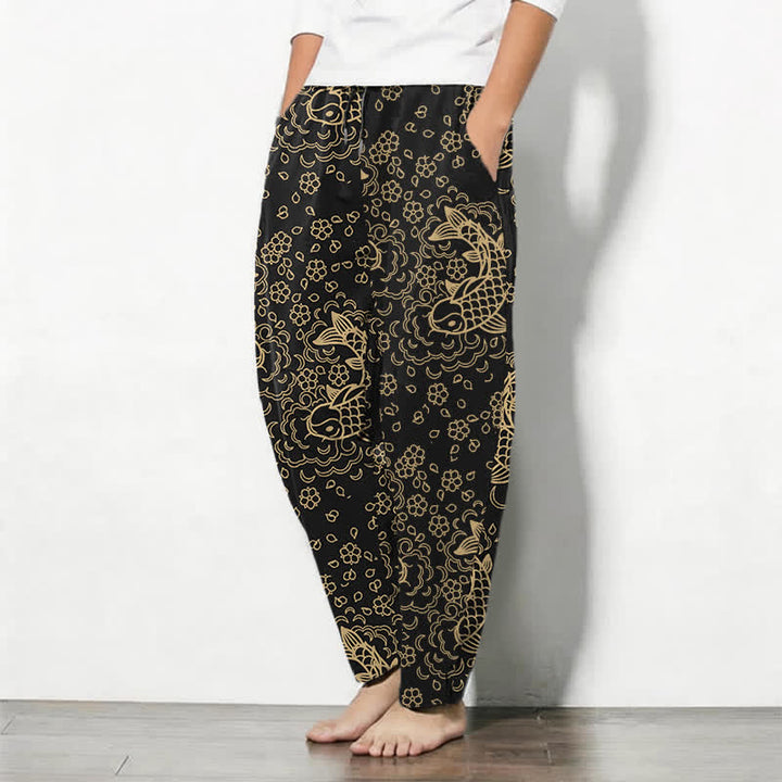 Buddha Stones Herrenhose aus reiner Baumwolle mit goldenem Koi-Fisch-Blumenmuster, Kordelzug und Taschen - image 1