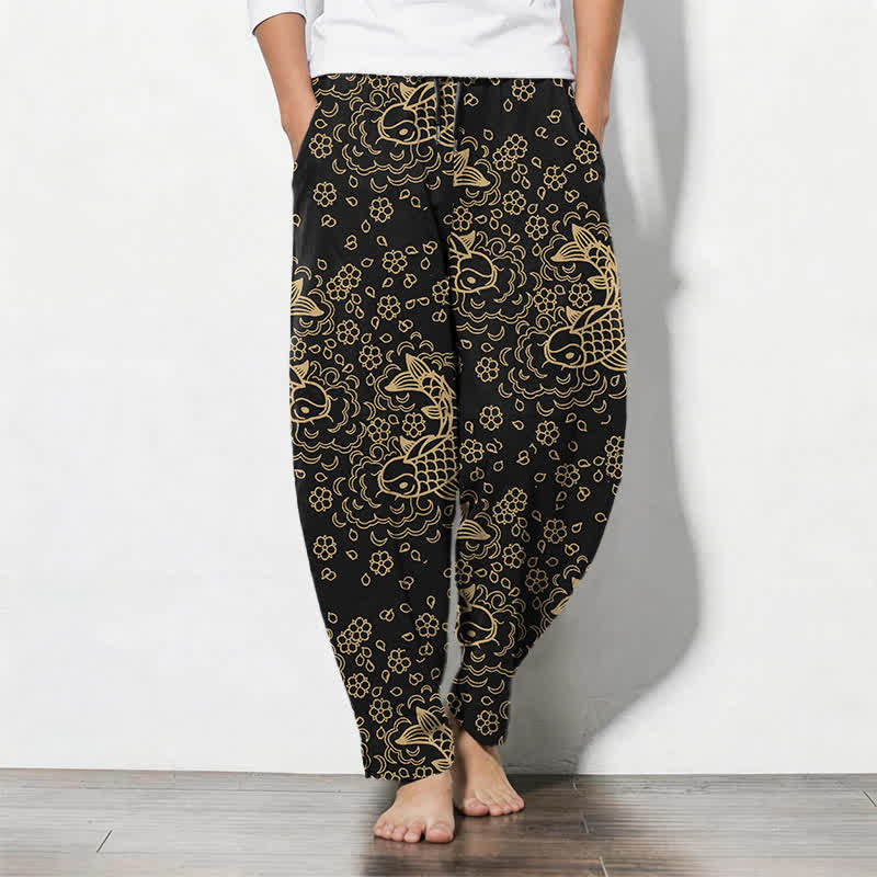 Buddha Stones Herrenhose aus reiner Baumwolle mit goldenem Koi-Fisch-Blumenmuster, Kordelzug und Taschen - Schwarz - US/ UK/AU50, EU60 (5XL) - image 0