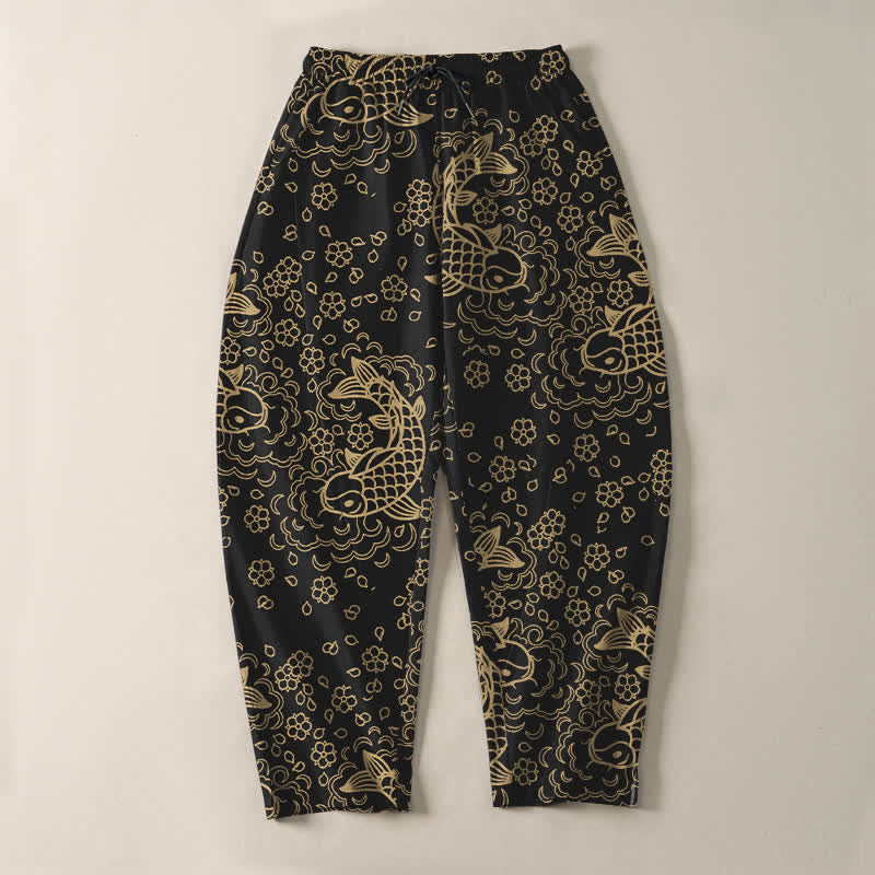 Buddha Stones Herrenhose aus reiner Baumwolle mit goldenem Koi-Fisch-Blumenmuster, Kordelzug und Taschen - image 2