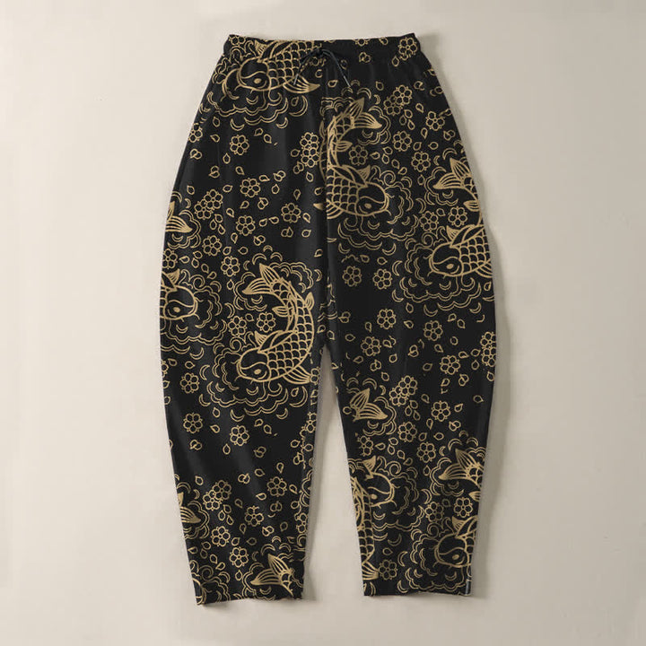 Buddha Stones Herrenhose aus reiner Baumwolle mit goldenem Koi-Fisch-Blumenmuster, Kordelzug und Taschen - image 2