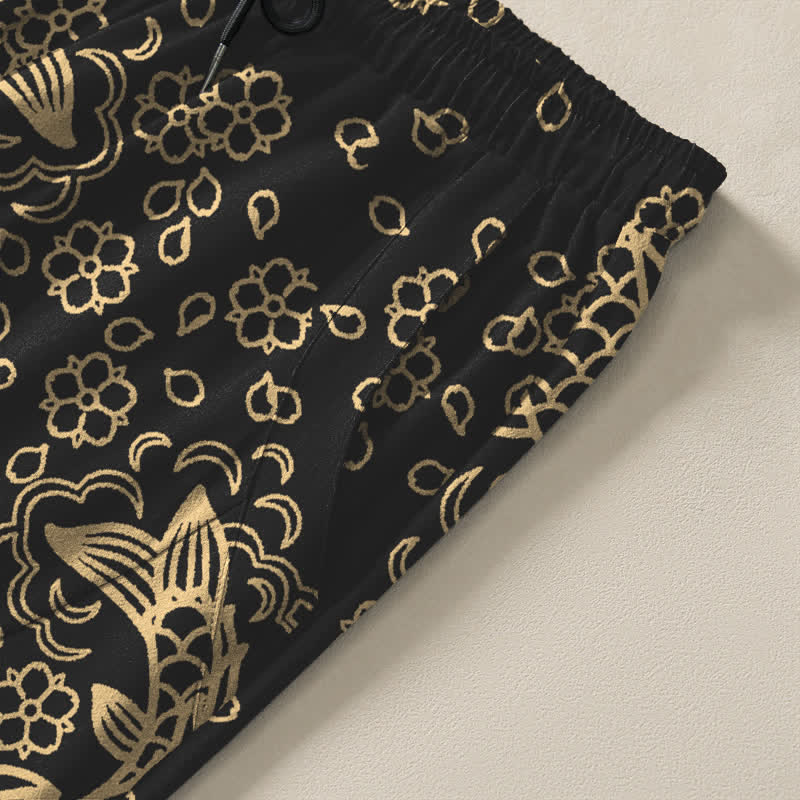 Buddha Stones Herrenhose aus reiner Baumwolle mit goldenem Koi-Fisch-Blumenmuster, Kordelzug und Taschen - image 4