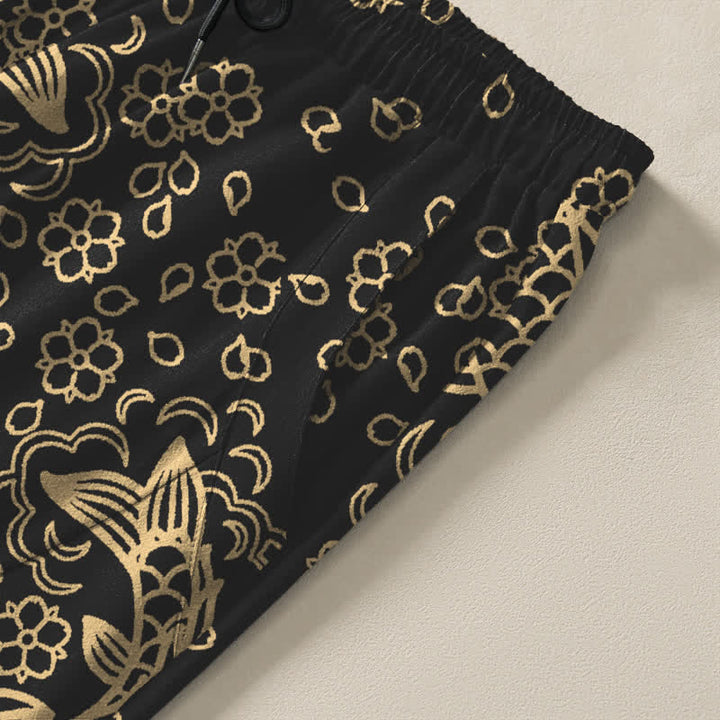 Buddha Stones Herrenhose aus reiner Baumwolle mit goldenem Koi-Fisch-Blumenmuster, Kordelzug und Taschen - image 4
