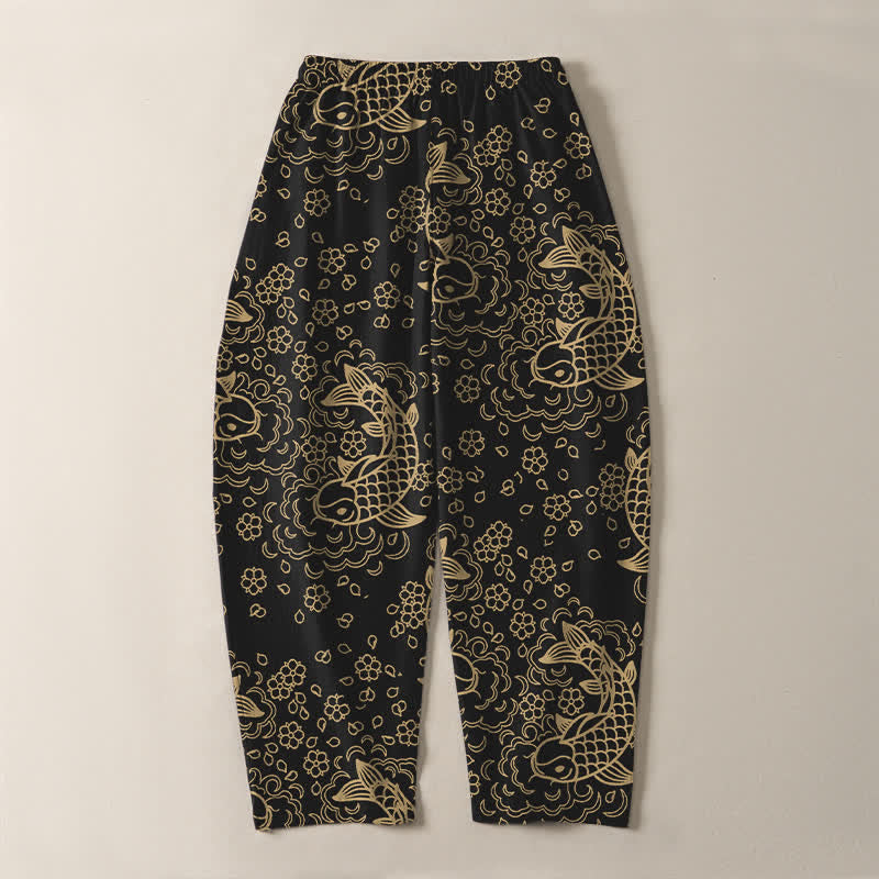 Buddha Stones Herrenhose aus reiner Baumwolle mit goldenem Koi-Fisch-Blumenmuster, Kordelzug und Taschen - image 3