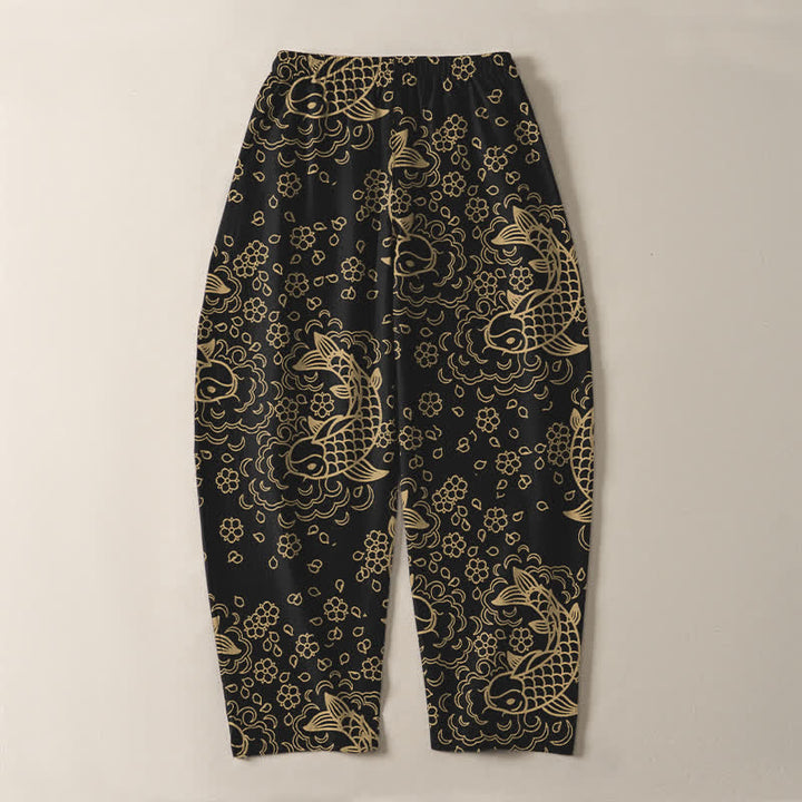 Buddha Stones Herrenhose aus reiner Baumwolle mit goldenem Koi-Fisch-Blumenmuster, Kordelzug und Taschen - image 3