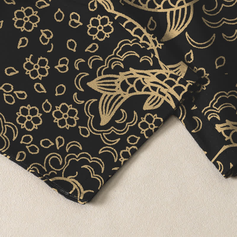 Buddha Stones Herrenhose aus reiner Baumwolle mit goldenem Koi-Fisch-Blumenmuster, Kordelzug und Taschen - image 5