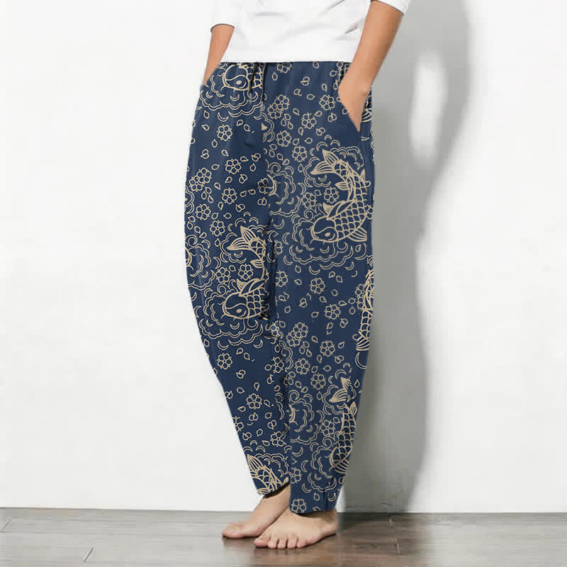 Buddha Stones Herrenhose aus reiner Baumwolle mit goldenem Koi-Fisch-Blumenmuster, Kordelzug und Taschen - image 8
