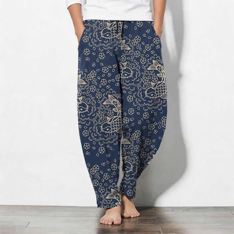 Buddha Stones Herrenhose aus reiner Baumwolle mit goldenem Koi-Fisch-Blumenmuster, Kordelzug und Taschen - Marine - US/ UK/AU50, EU60 (5XL) - image 7