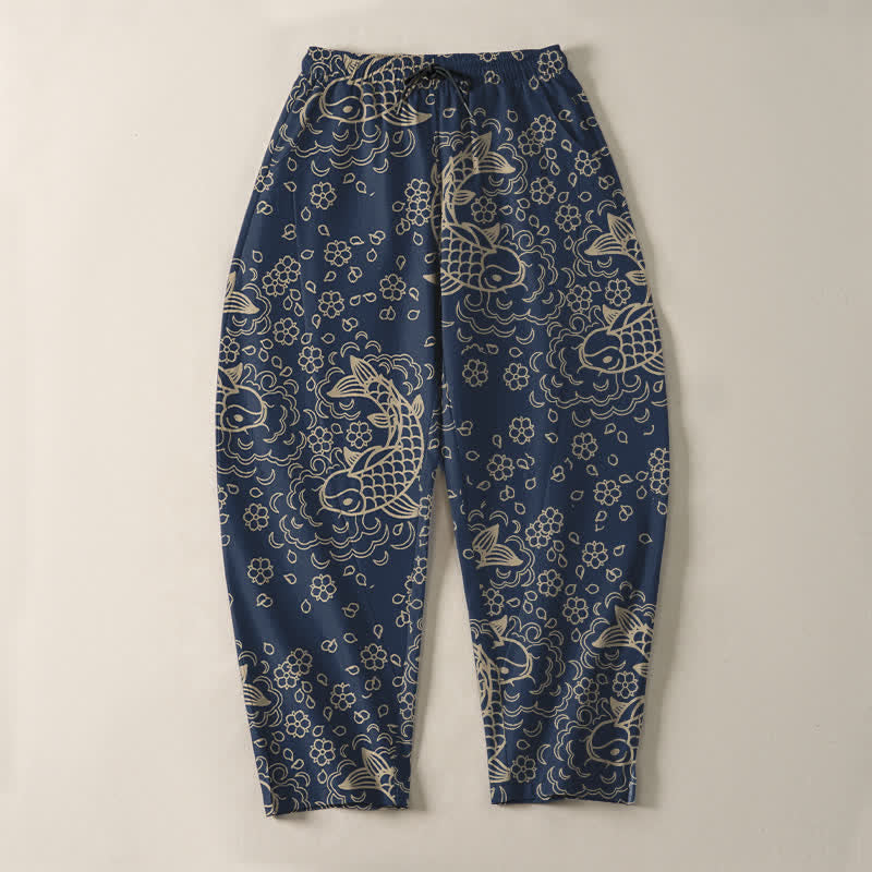 Buddha Stones Herrenhose aus reiner Baumwolle mit goldenem Koi-Fisch-Blumenmuster, Kordelzug und Taschen - image 9