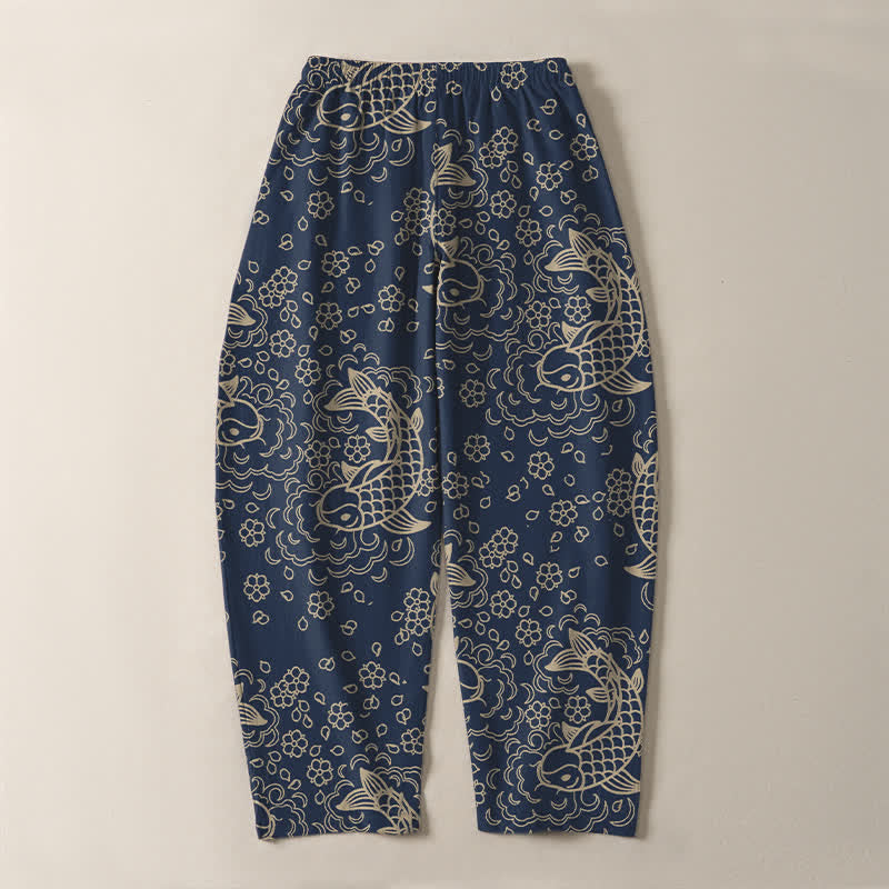 Buddha Stones Herrenhose aus reiner Baumwolle mit goldenem Koi-Fisch-Blumenmuster, Kordelzug und Taschen - image 10
