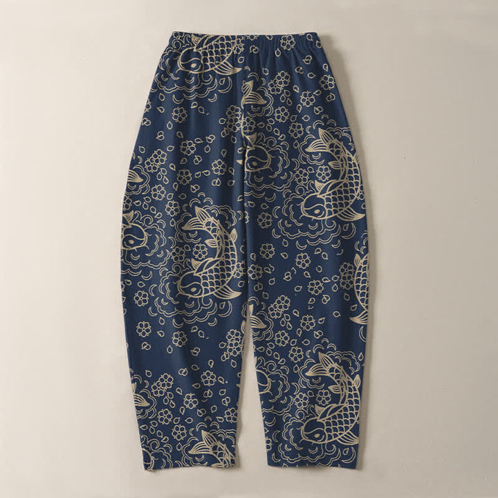 Buddha Stones Herrenhose aus reiner Baumwolle mit goldenem Koi-Fisch-Blumenmuster, Kordelzug und Taschen - image 10