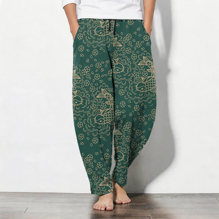 Buddha Stones Herrenhose aus reiner Baumwolle mit goldenem Koi-Fisch-Blumenmuster, Kordelzug und Taschen - Dunkelgrün - US/ UK/AU50, EU60 (5XL) - image 11