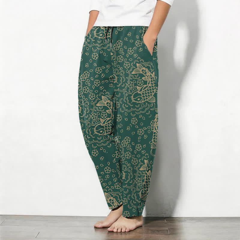 Buddha Stones Herrenhose aus reiner Baumwolle mit goldenem Koi-Fisch-Blumenmuster, Kordelzug und Taschen - image 12