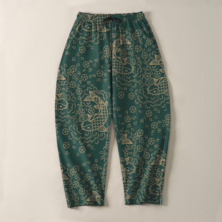 Buddha Stones Herrenhose aus reiner Baumwolle mit goldenem Koi-Fisch-Blumenmuster, Kordelzug und Taschen - image 13