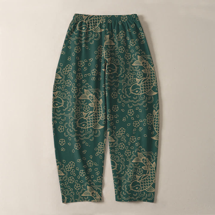 Buddha Stones Herrenhose aus reiner Baumwolle mit goldenem Koi-Fisch-Blumenmuster, Kordelzug und Taschen - image 14
