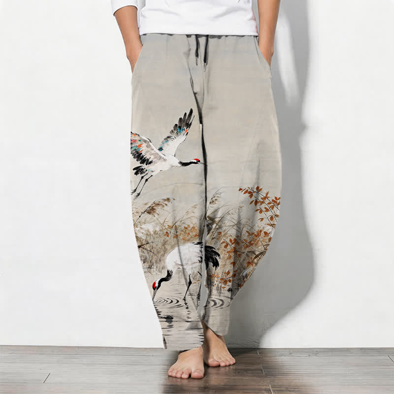 Buddha Stones Herrenhose aus reiner Baumwolle mit Kranichmuster, Kordelzug, schmal zulaufendem Bein und Taschen - Beige - US/ UK/AU50, EU60 (5XL) - image 0