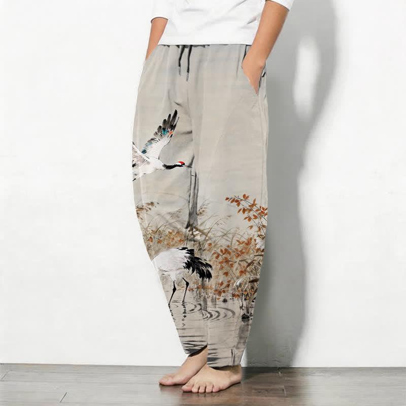 Buddha Stones Herrenhose aus reiner Baumwolle mit Kranichmuster, Kordelzug, schmal zulaufendem Bein und Taschen - image 1