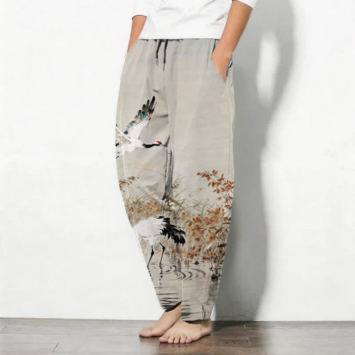 Buddha Stones Herrenhose aus reiner Baumwolle mit Kranichmuster, Kordelzug, schmal zulaufendem Bein und Taschen - image 1