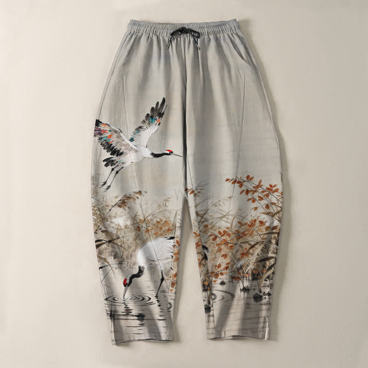Buddha Stones Herrenhose aus reiner Baumwolle mit Kranichmuster, Kordelzug, schmal zulaufendem Bein und Taschen - image 2