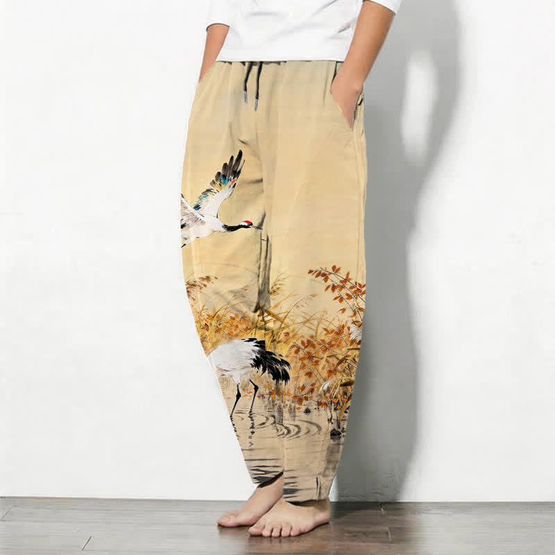 Buddha Stones Herrenhose aus reiner Baumwolle mit Kranichmuster, Kordelzug, schmal zulaufendem Bein und Taschen - image 8