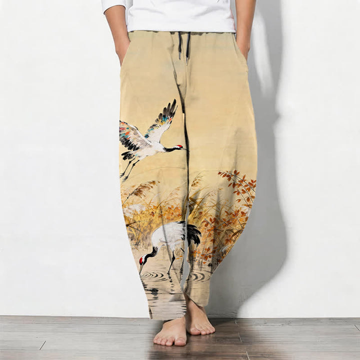 Buddha Stones Herrenhose aus reiner Baumwolle mit Kranichmuster, Kordelzug, schmal zulaufendem Bein und Taschen - Weizen - US/ UK/AU50, EU60 (5XL) - image 7