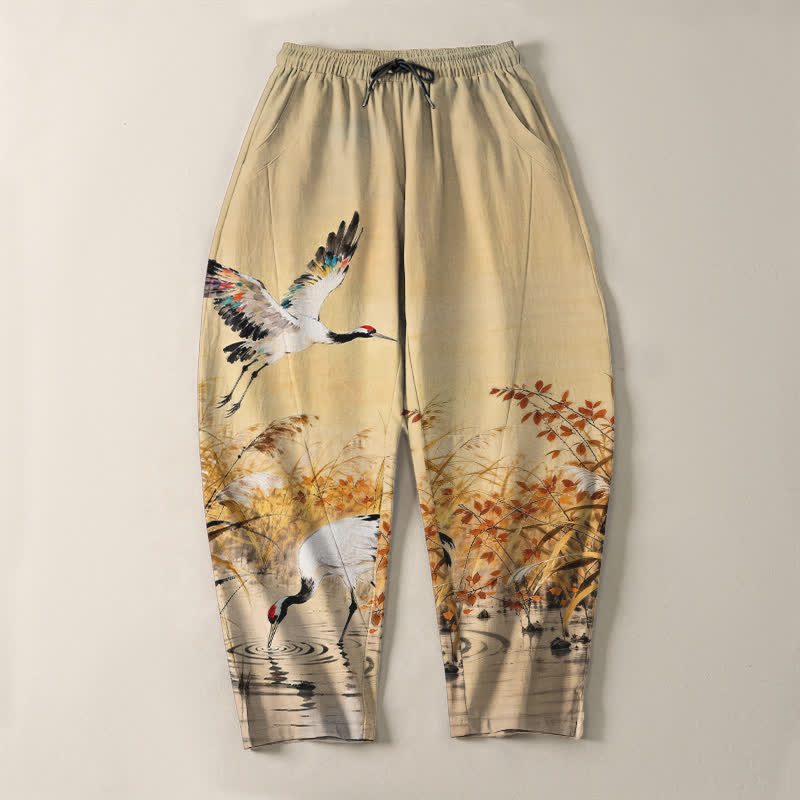 Buddha Stones Herrenhose aus reiner Baumwolle mit Kranichmuster, Kordelzug, schmal zulaufendem Bein und Taschen - image 9