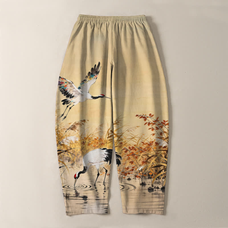 Buddha Stones Herrenhose aus reiner Baumwolle mit Kranichmuster, Kordelzug, schmal zulaufendem Bein und Taschen - image 10