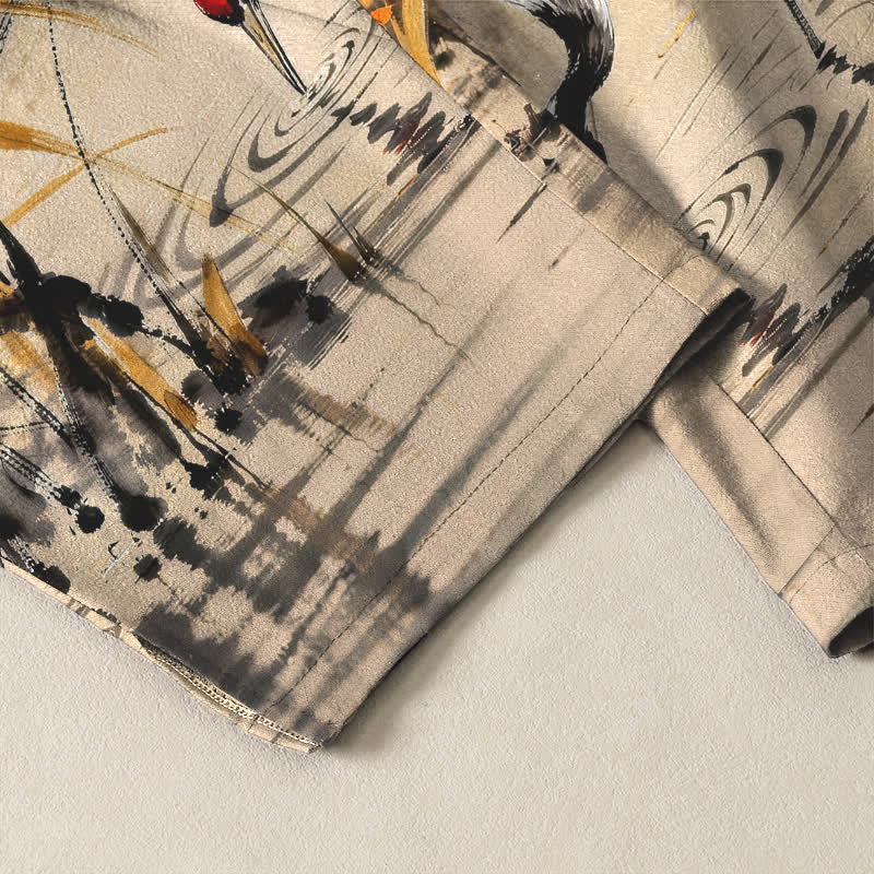 Buddha Stones Herrenhose aus reiner Baumwolle mit Kranichmuster, Kordelzug, schmal zulaufendem Bein und Taschen - image 12