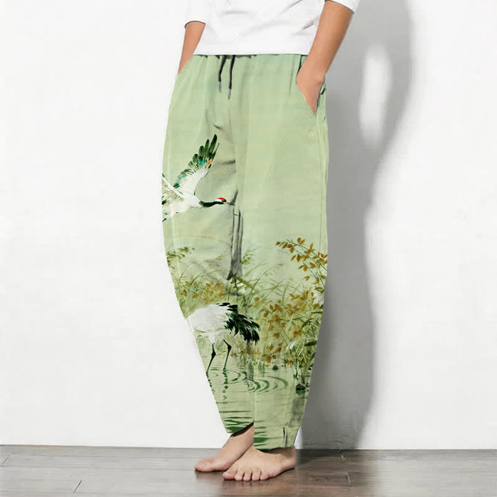 Buddha Stones Herrenhose aus reiner Baumwolle mit Kranichmuster, Kordelzug, schmal zulaufendem Bein und Taschen - image 15