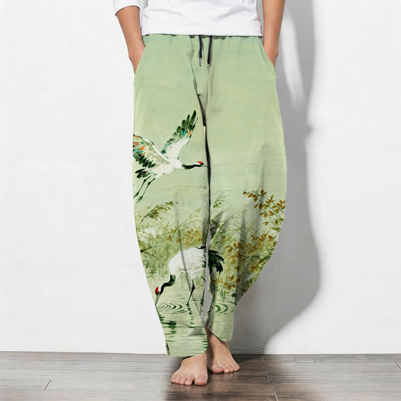 Buddha Stones Herrenhose aus reiner Baumwolle mit Kranichmuster, Kordelzug, schmal zulaufendem Bein und Taschen - Hellgrün - US/ UK/AU50, EU60 (5XL) - image 14