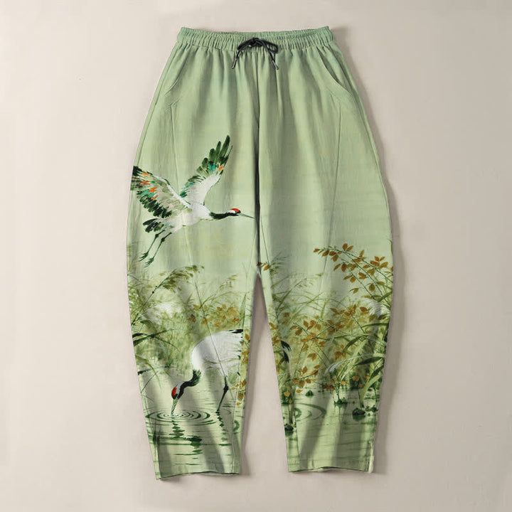 Buddha Stones Herrenhose aus reiner Baumwolle mit Kranichmuster, Kordelzug, schmal zulaufendem Bein und Taschen - image 16