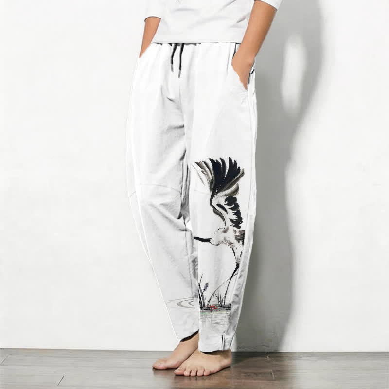 Buddha Stones Herrenhose aus reiner Baumwolle mit Kranichmuster, Kordelzug und Taschen - image 1