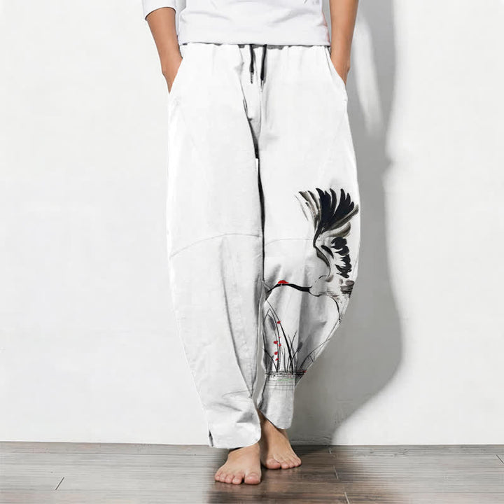 Buddha Stones Herrenhose aus reiner Baumwolle mit Kranichmuster, Kordelzug und Taschen - Weiß - US/ UK/AU50, EU60 (5XL) - image 0