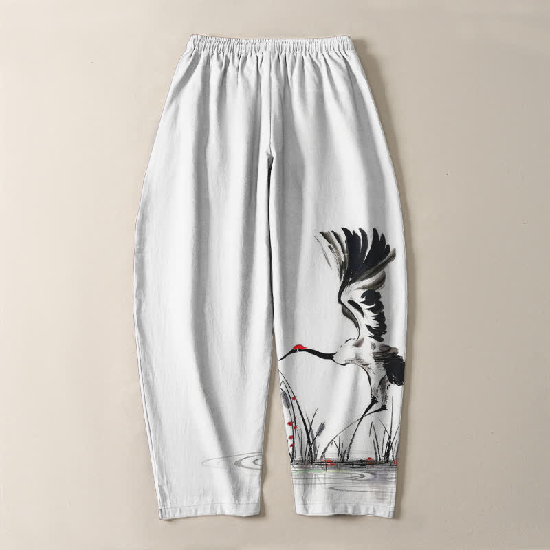 Buddha Stones Herrenhose aus reiner Baumwolle mit Kranichmuster, Kordelzug und Taschen - image 3