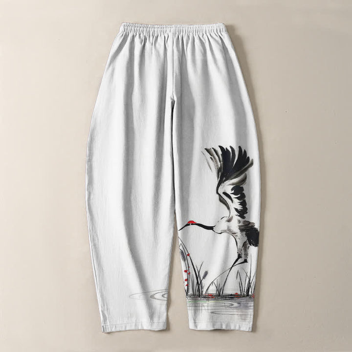 Buddha Stones Herrenhose aus reiner Baumwolle mit Kranichmuster, Kordelzug und Taschen - image 3
