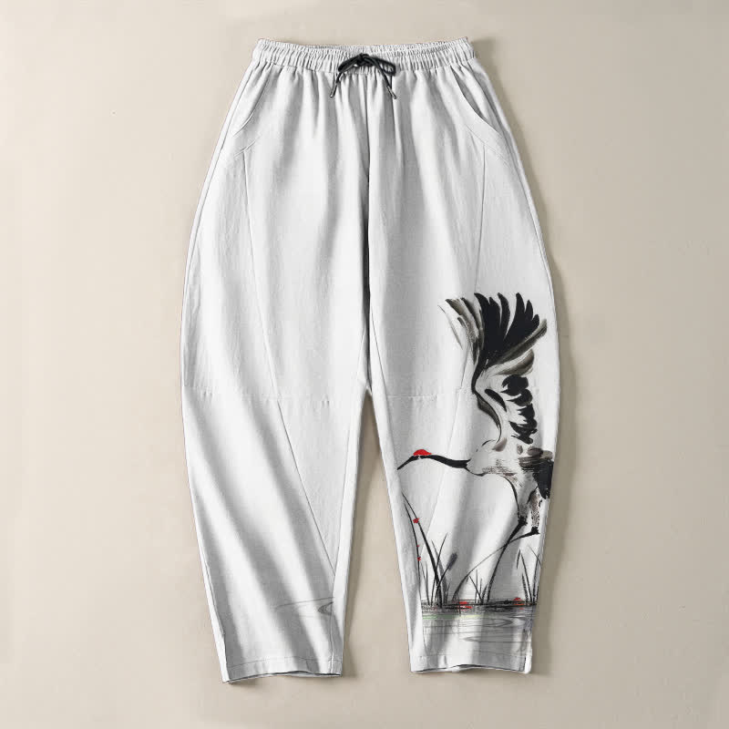 Buddha Stones Herrenhose aus reiner Baumwolle mit Kranichmuster, Kordelzug und Taschen - image 2