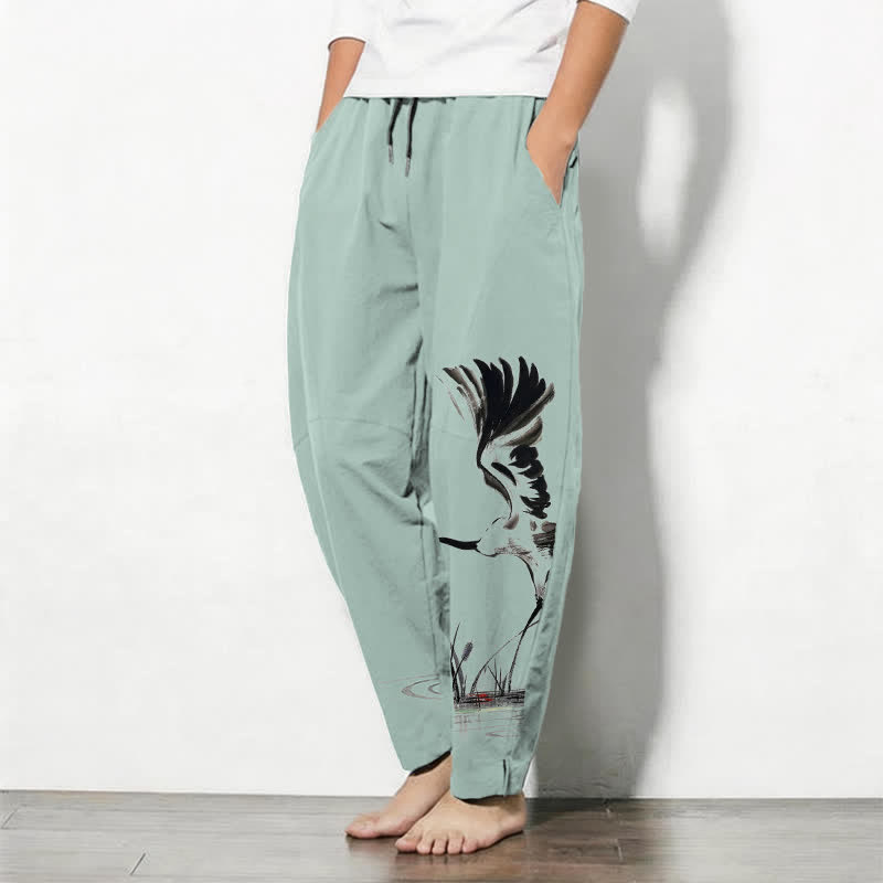 Buddha Stones Herrenhose aus reiner Baumwolle mit Kranichmuster, Kordelzug und Taschen - image 8
