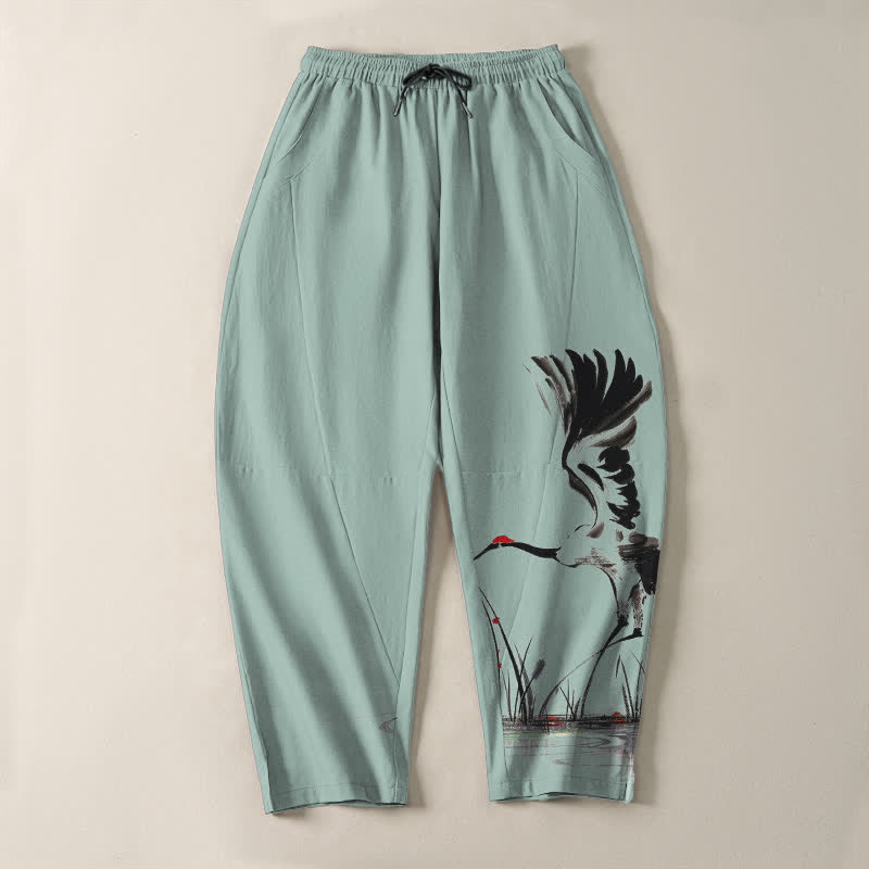 Buddha Stones Herrenhose aus reiner Baumwolle mit Kranichmuster, Kordelzug und Taschen - image 9