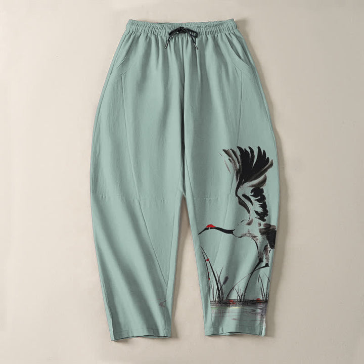 Buddha Stones Herrenhose aus reiner Baumwolle mit Kranichmuster, Kordelzug und Taschen - image 9