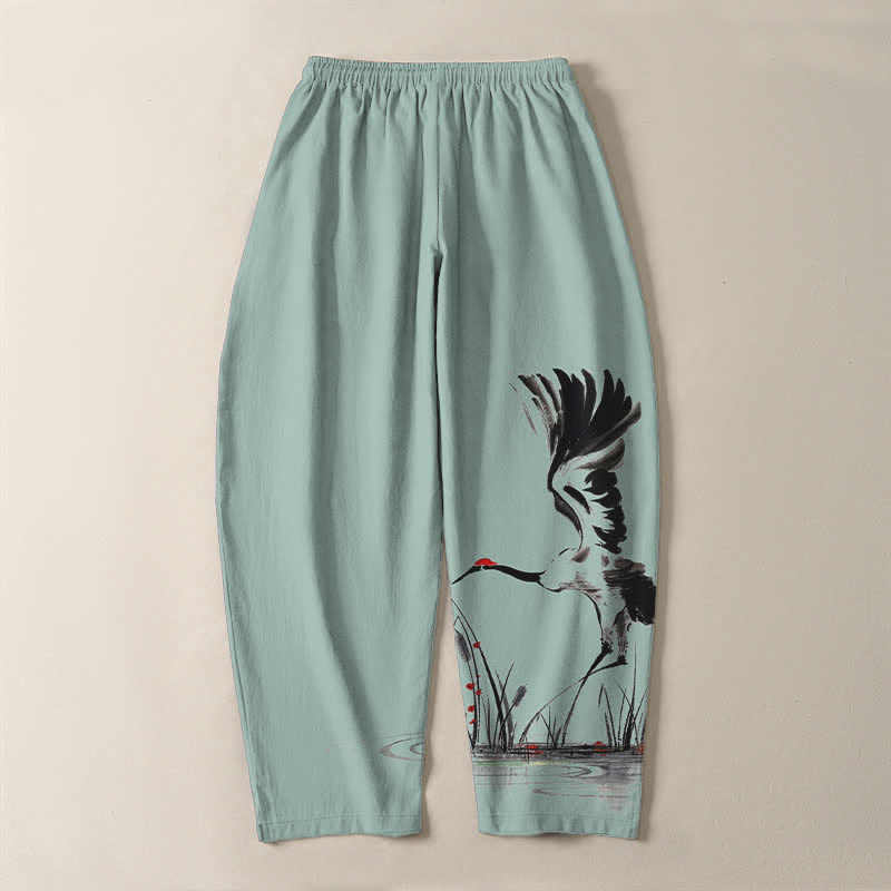 Buddha Stones Herrenhose aus reiner Baumwolle mit Kranichmuster, Kordelzug und Taschen - image 10