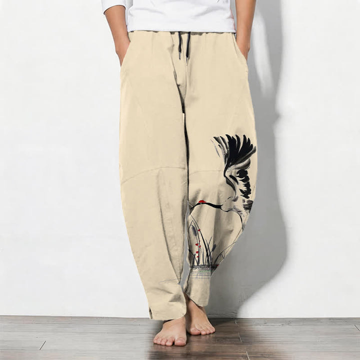 Buddha Stones Herrenhose aus reiner Baumwolle mit Kranichmuster, Kordelzug und Taschen - Beige - US/ UK/AU50, EU60 (5XL) - image 11