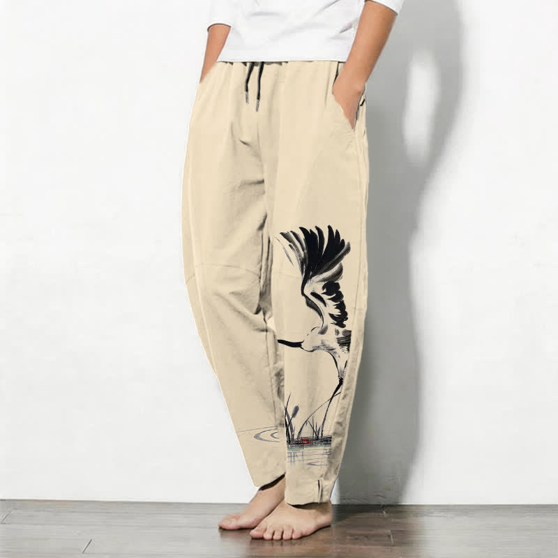 Buddha Stones Herrenhose aus reiner Baumwolle mit Kranichmuster, Kordelzug und Taschen - image 12